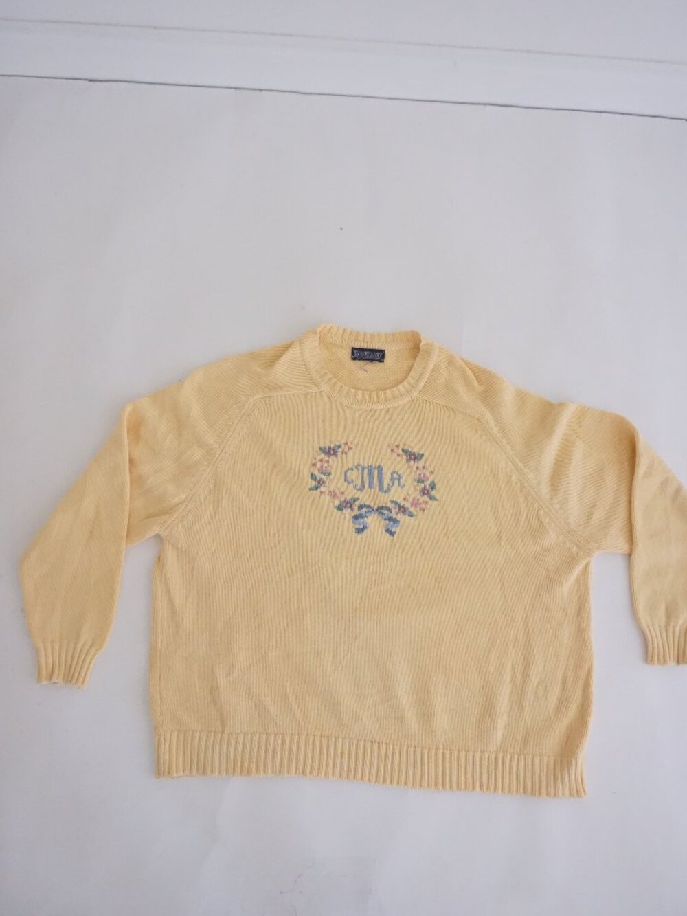 Vintage Lands End Yellow Floral Monogram Knit Sweater Cottagecore Preppy XL